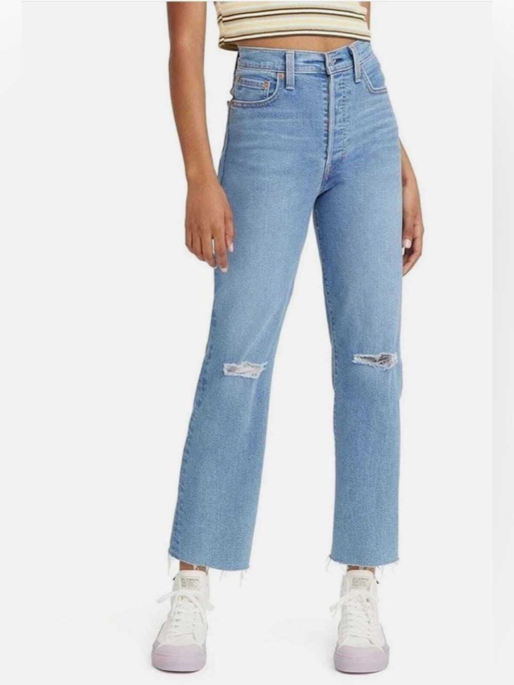 Levi's Ribcage High Rise Destructed Detail Straight Ankle Jeans